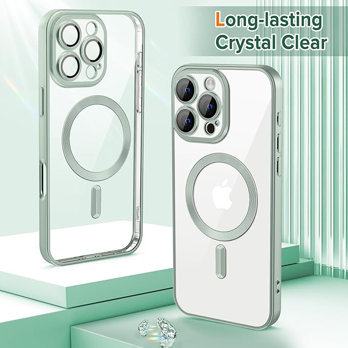 Hython Magnetic Clear for iPhone 16 Pro Max Case with Camera Lens Protector [Compatible with MagSafe] Plating Edge Slim Soft TPU Cover Protective Phone Case for iPhone 16 Pro Max 6.9", Matte Mint