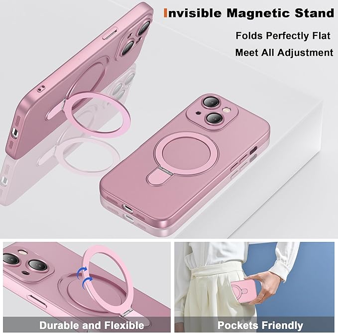 Compatible with iPhone 15 Plus Case with Magnetic Ring Stand [Compatible with Mag-Safe] [Full Camera Lens Protector] Soft Plating Phone Case for iPhone 15 Plus 6.7", Rose Gold