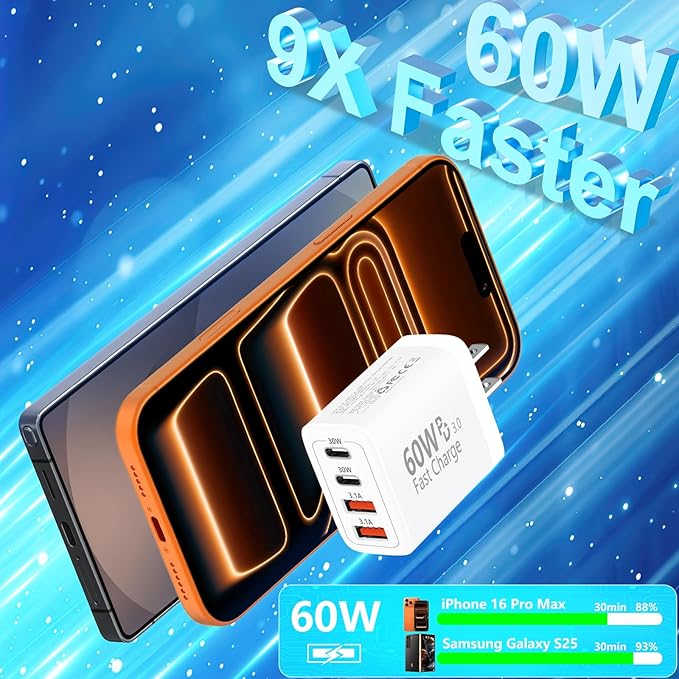 USB C Charger Block, LANWK 2Pack 60W 4Port USB C Wall Chargers Dynamic Power Adapter Dual PD&QC Type C Fast Charging Brick USB-A Charger for iPhone 17 17 Pro Max 16 15 14 13 12 11/Galaxy S26/S25/Pixel