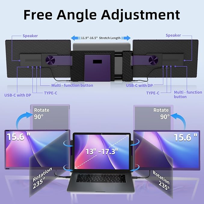 15.6" Laptop Screen Extender Monitor - Detachable Triple Monitor FHD 1080P IPS 120% sRGB 235° Rotation Travel Extra Screen Compatible with Wins Mac Chrome Dex Fits 13-17" Laptop