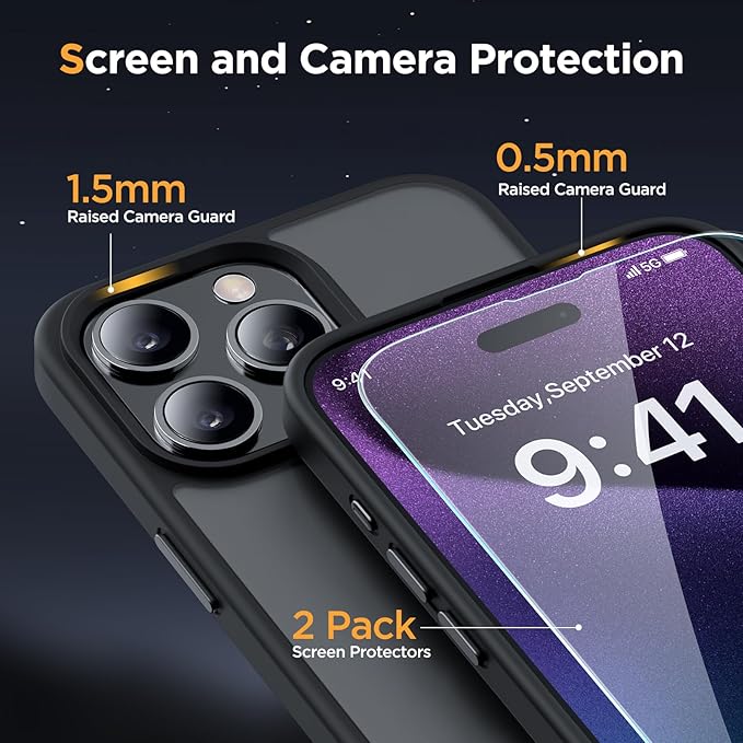 Miracase Magnetic for iPhone 15 Pro Case 6.1 inch (Compatible with MagSafe)（with 2X Screen Protectors）Military-Grade Protection, Anti-Fingerprint Translucent Matte Phone Cover, Black