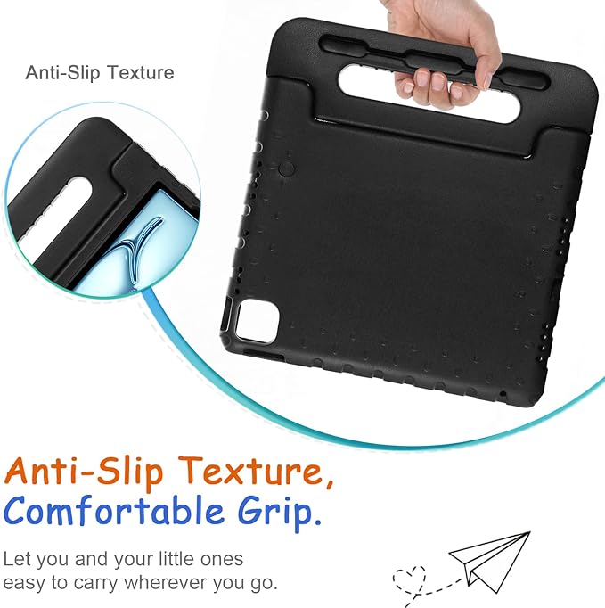 Kids Case for iPad Pro 11" M5/M4 & iPad Air 11" (2026/2025/2024) Shockproof Case with Pencil Holder, Techcircle Light EVA Foam Handle Stand Bumper Protective Child Friendly Drop Proof Cover, Black