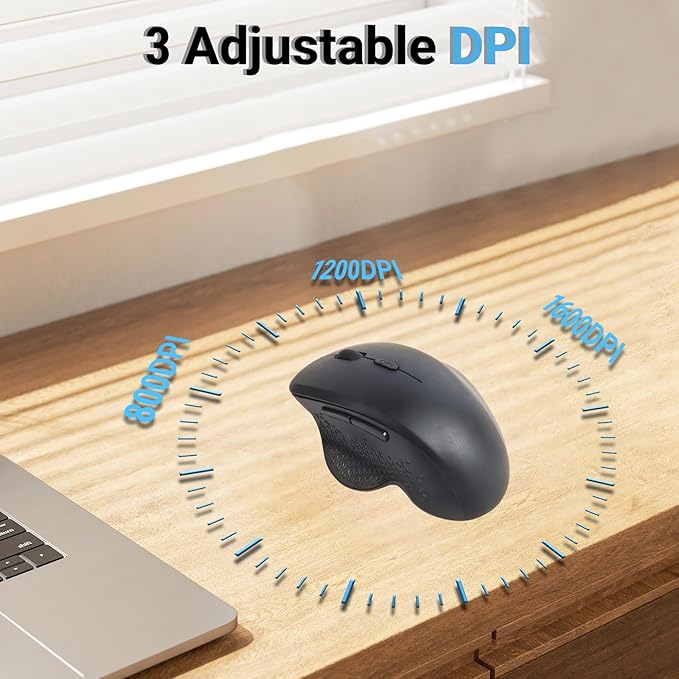 Bluetooth Ergonomic Wireless Mouse,Rechargeable 2.4G Vertical Wireless Mouse, Dual Mode Ergo Optical Mice with Adjustable DPI,Finger Rest for Laptop, Desktop, PC, MacBook, iPad, Mac, Windows(Black)