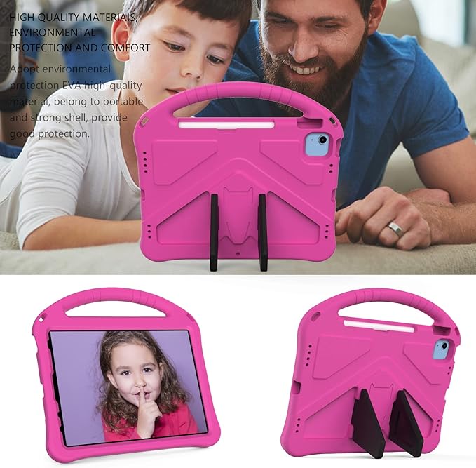 Kids Case for iPad A16 11th/10th Generation 2022/2025 11-Inch iPad Cover with Pencil Holder, Techcircle Lightweight Shockproof EVA Foam Rugged Handle Stand Anti-Slip Grip Protective Case, Rose
