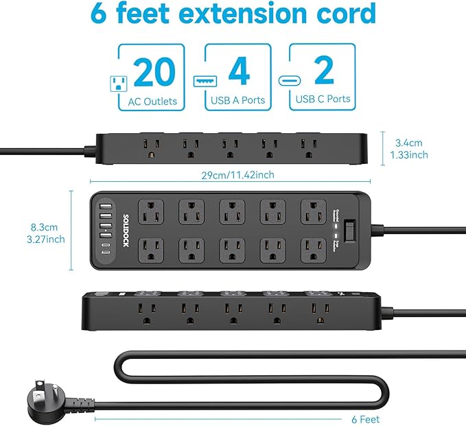 20 Outlet Power Strip with USB C,6Ft Extension Cord with Multiple Outlets, 2700 Joules Surge Protector,1875W/15A, ETL Listed for Home Office Dorm Gaming