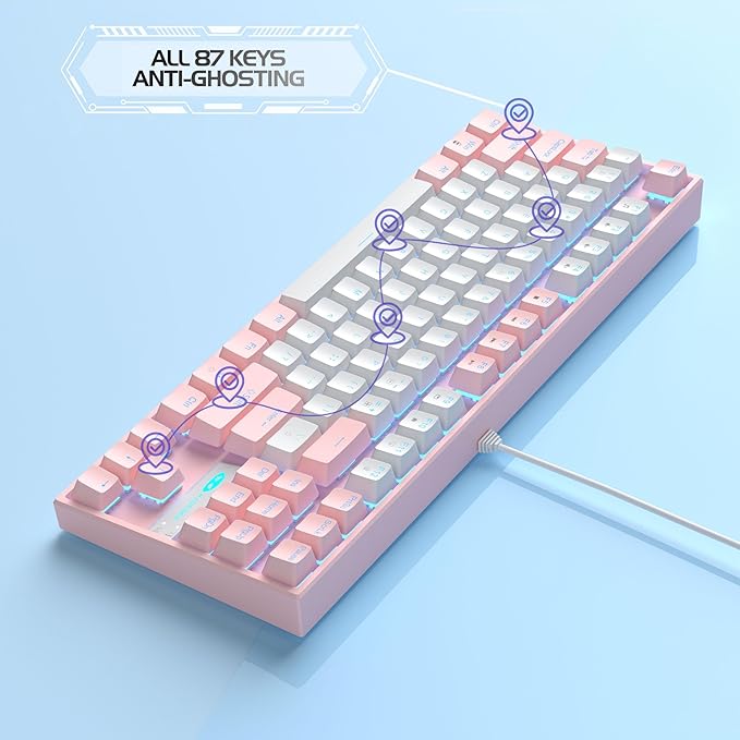 MageGee 75% Mechanical Gaming Keyboard, Red Switch, LED Blue Backlit, 87 Keys Compact TKL Wired Computer Keyboards for Windows Laptop PC Gamer - White/Pink