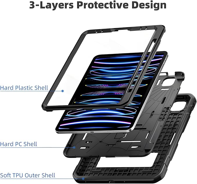 TSQQST Case for iPad Pro 12.9 Inch 6th Generation 2022 with Screen Protector | Full Body Protection Kids Case with Pencil Holder Stand for iPad Pro 12.9 Inch 5th/4th/3rd Gen 2021/2020/2018 | Black