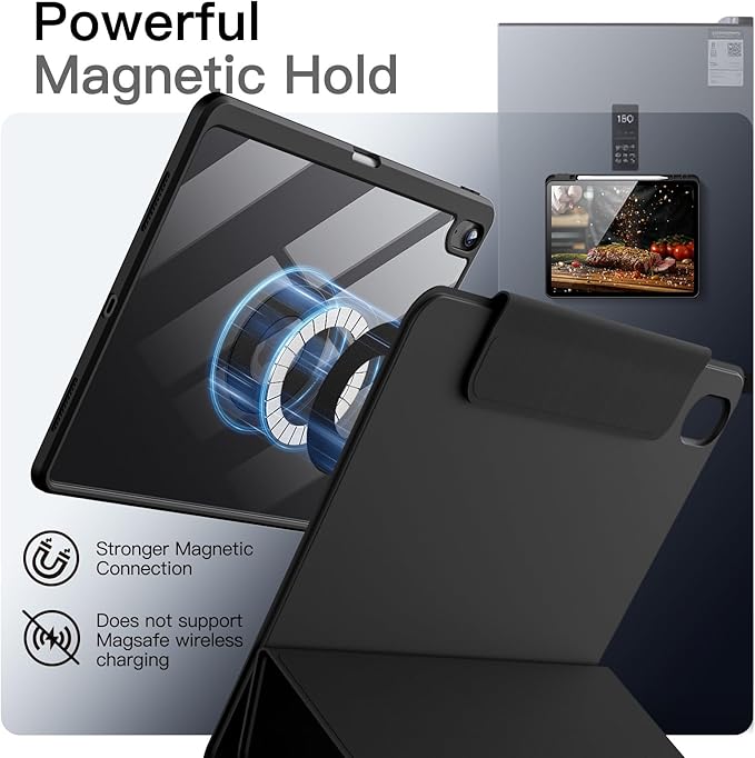 JETech Magnetic Detachable Case for iPad Air 13-Inch M4/M3/M2 (2026/2025/2024) with Pencil Holder, Removable Rotating Clear Cover, Portrait/Landscape Stand with Raised Screen View (Black)