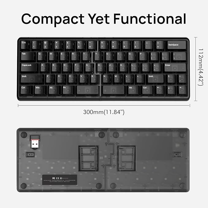 Lite Wireless Split Keyboard Mechanical - Silent Switches, RGB, Foam, Hot Swappable, Compact 60% Layout, PBT Keycaps Programmable for Mac & Windows Black