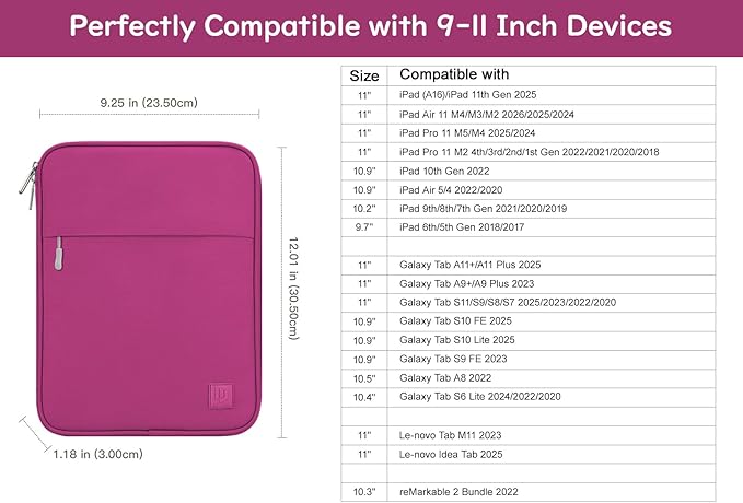 Dadanism 9-11 Inch Tablet Sleeve Padded Carrying Case for iPad (A16) 11th Gen 11", iPad 10th Gen 10.9", iPad Air M4/Pro M5 11", iPad Air 5/4, iPad 9/8/7th Gen, Galaxy Tab A11+ Plus 11", Fuchsia