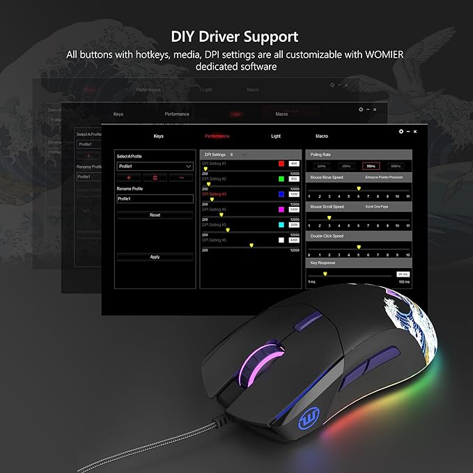Womier Wired Gaming Mouse,Black RGB Anime Mouse w/Ergonomic Computer 12000DPI/6 Programmable Buttons Programmable Buttons for Laptop PC Mac Windows (G705 V2 Kanagawa)