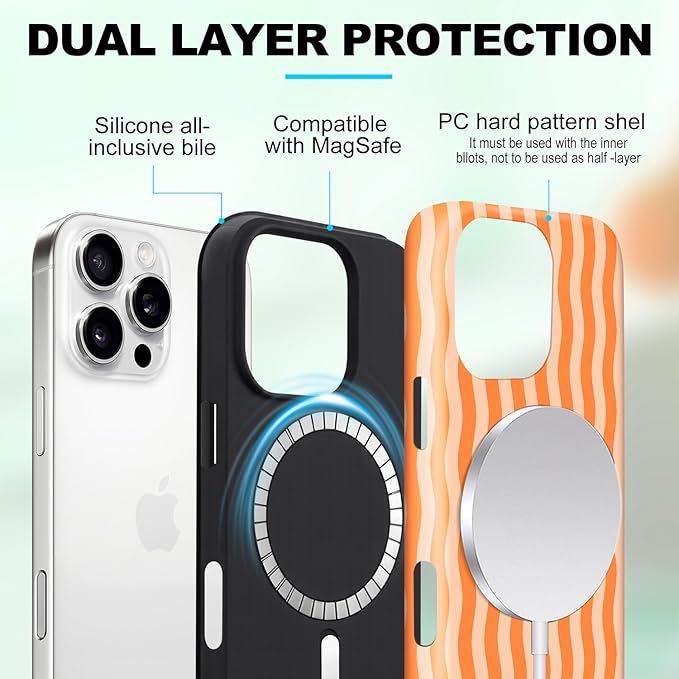 Magnetic for iPhone 14 Pro Max Case Cute Wavy Stripes Phone Case, Shockproof Slim TPU and Hard PC Protective Phone Cover Compatible with MagSafe Designed for Women Girls, Orange