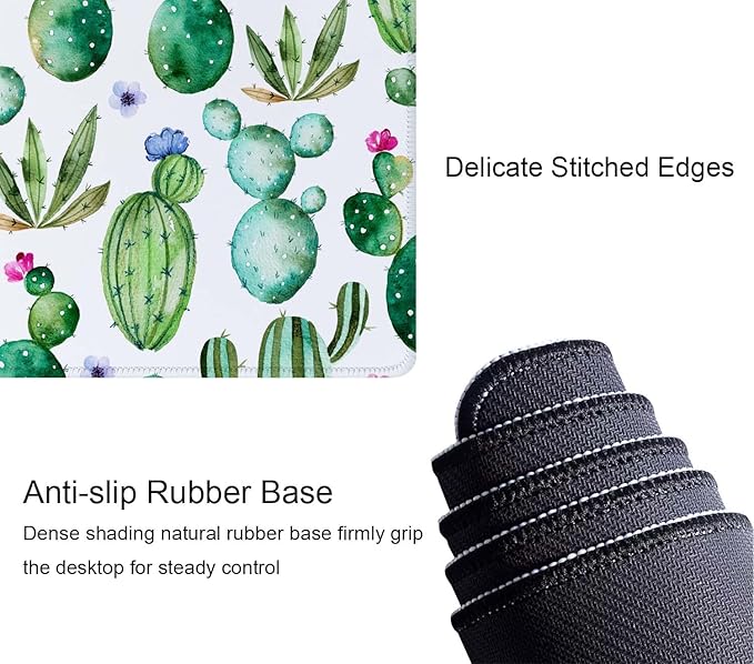 Large Gaming Mouse Pad with Stitched Edges, Desk Pad Extended Keyboard Mat, Non-Slip Rubber Base Mousepads for Laptop, Office, Home, 31.5X11.8 inch Watercolor Cactus and Flowers
