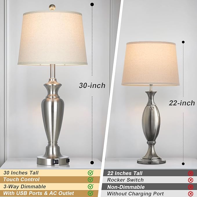 Cinyirong 30" Tall Silver Table Lamp for Living Room, 3-Way Dimmable Touch Control Bedside Lamp for Bedroom Nightstand with USB A+C Ports & AC Outlet (1 Pack)