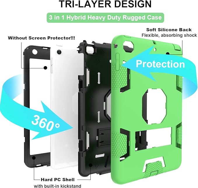 CCMAO iPad mini 5 Case 2019, iPad mini 4 Case 2015, Heavy Duty Shockproof Hybrid Protective Cover for iPad mini 5th/4th Generation 7.9 inch, Green+Black