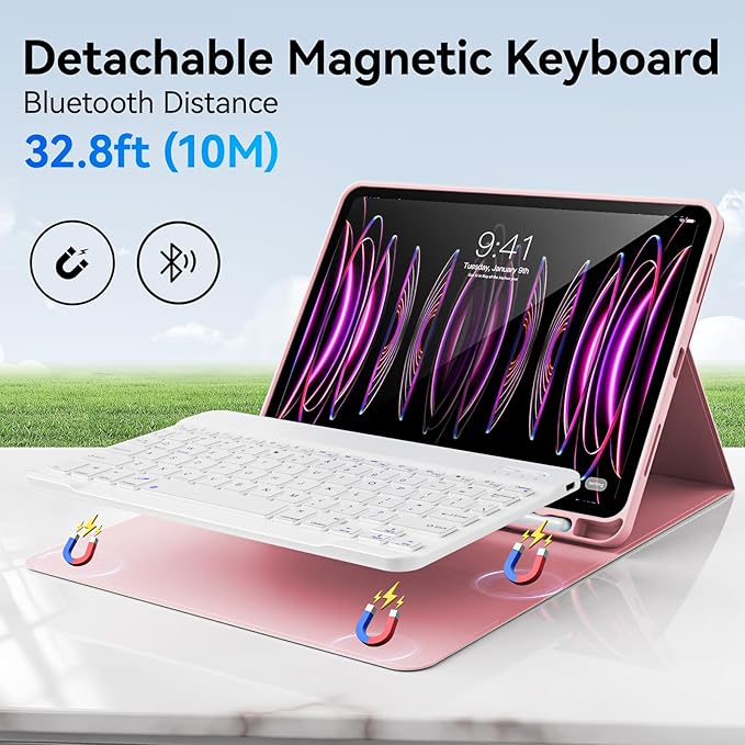 Keyboard Case for iPad Pro 11 Inch 4th Generation/Pro 3rd Gen/Pro 2nd Gen with Pencil Holder, Folio Detachable Wireless Bluetooth Keyboard & Flip Stand Case for iPad Pro 11 Inch, Pink