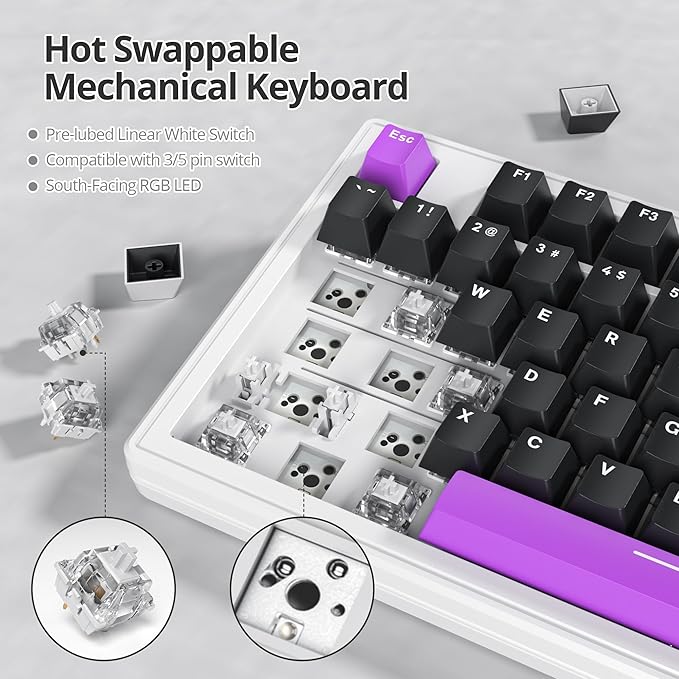 Owpkeenthy 75 Percent Gaming Keyboard Gasket Mounted with Pre-lubed White Switch, 87 Key Wired Mechanical Keyboard Hot Swappable RGB Backlit for MAC Win (R-Purple)