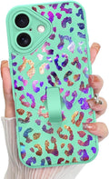 KANGHAR Compatible with iPhone 16 Case, Support for MagSafe, Silicone Cute Iridescent Leopard Cheetah Pattern, Wristband Kickstand Shockproof Protective Slim Cover for Women Girls, Green
