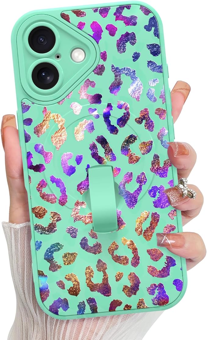 KANGHAR Compatible with iPhone 16 Case, Support for MagSafe, Silicone Cute Iridescent Leopard Cheetah Pattern, Wristband Kickstand Shockproof Protective Slim Cover for Women Girls, Green