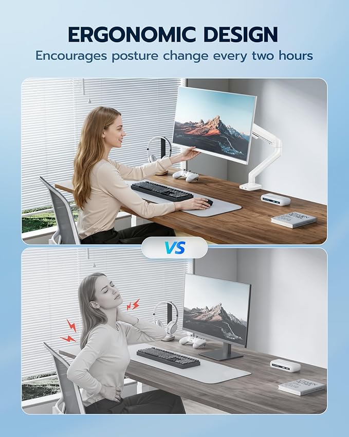 ARES WING Heavy Duty Single Monitor Arm - Fully Adjustable Monitor Mount for 17"-40" Ultrawide Screens up to 26.4 lbs with Clamp/Grommet Desk Mount, 75/100 Vesa Mount, White