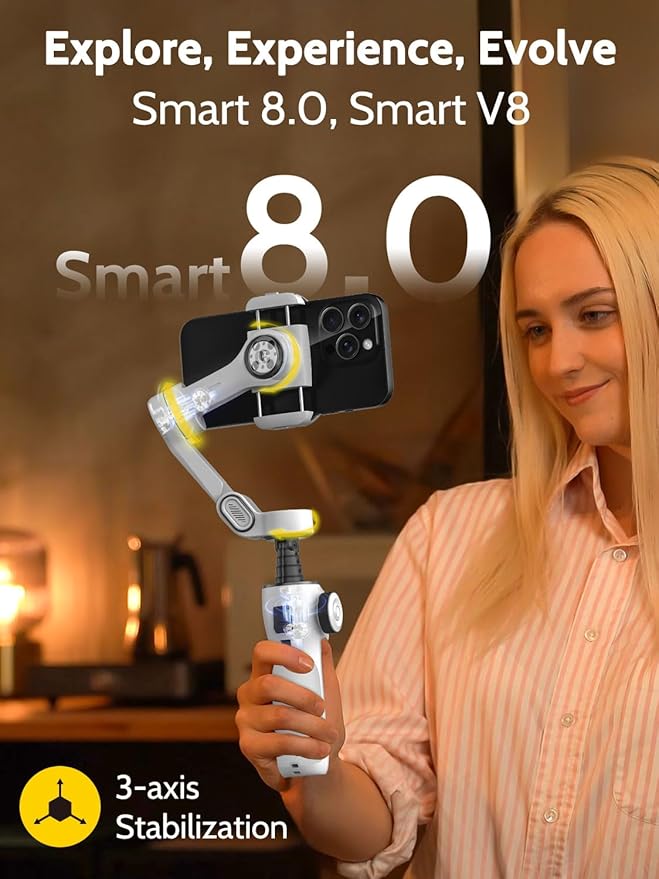 AOCHUAN Cellphone Gimbal for Video Recording w/AI Tracking,3 -axis Vlogging Gimbal stabilizer for iPhone w/OLED Display, Smartphone Holder w/7.8' Extension Rod, Trigger Button Smart V8(White)