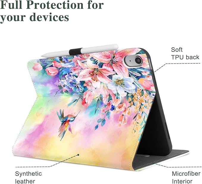 Vimorco Case for iPad (A16) 11th Generation 2025, for iPad 11th/10th Generation Case, Pencil Holder/Hand Strap/Pocket, Multiple Stand Protector Shell Cover, Auto Wake/Sleep, Hummingbird Flower