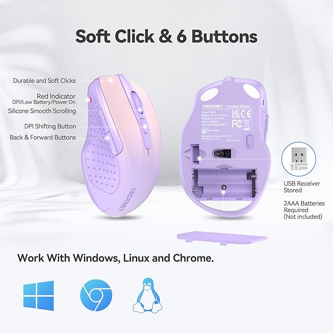 TECKNET Wireless Mouse, 2.4G Ergonomic Optical Mouse, Computer Mouse for Laptop, PC, Computer, Chromebook, Notebook, 6 Buttons, 24 Months Battery Life, 2600 DPI, 5 Adjustment Levels, Gradient Lavender