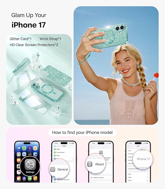 Meifigno Designed for iPhone 17 Case 6.3", [Glitter Card & Wrist Strap] [Compatible with MagSafe] [2X HD Screen Protectors] Surround Raised Lens Protection for iPhone 17 Case 6.3 Inch, Teal