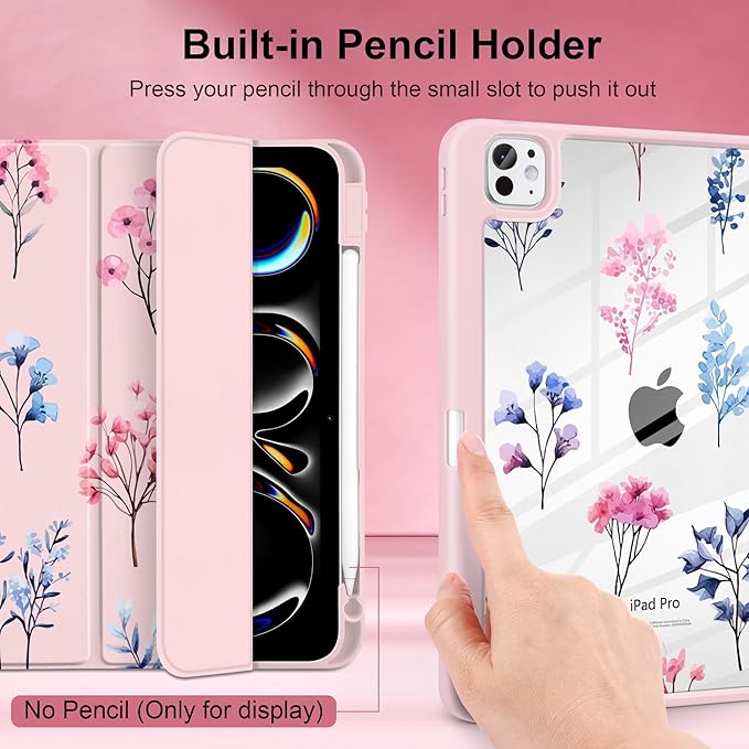 Case for iPad Pro 11 inch (M5) 2025 (M4) 2024 Release Slim Lightweight Cute Light Pink Cover with Clear Back TPU Edge Pencil Holder Trifold Stand, Hand-Drawn Florals