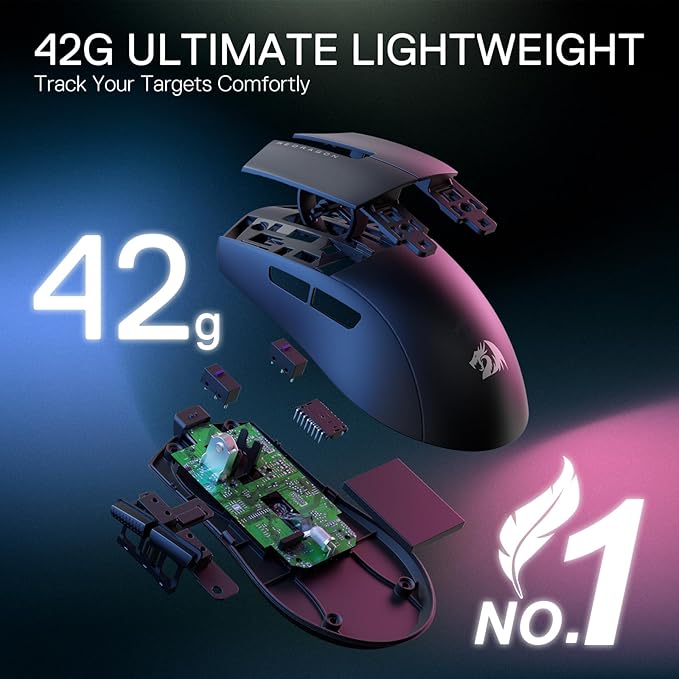 Redragon M724 Wired Gaming Mouse, 42G Ultra-Light 12,400 Max DPI Optical Gaming Mouse with 5 Programmable Buttons, Ergonomic Natural Grip Build, Software Supports DIY Keybinds & DPI, Black