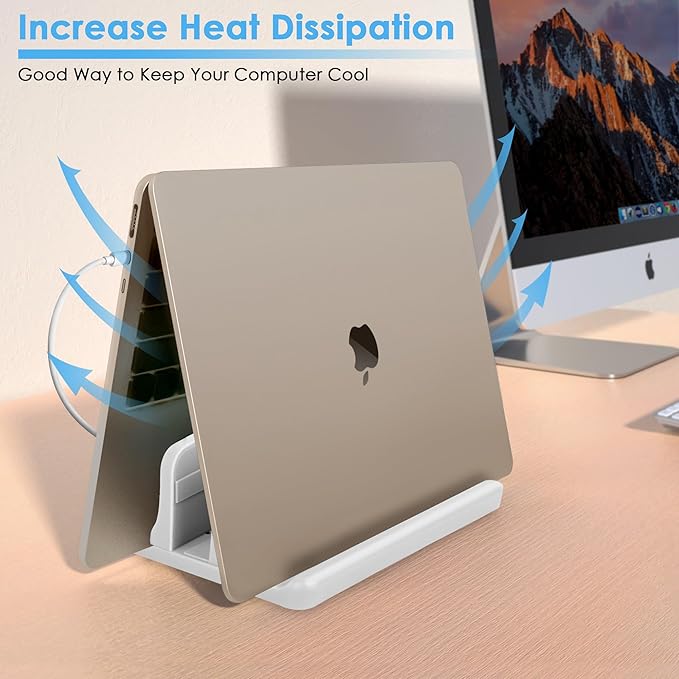 Vertical Laptop Stand [New Version: Two More Rubber Pads & Hex Key Storable Design] ABS Plastic Adjustable Dock up to 15 inch PC Desk Space Saver for MacBook/Surface/iPad/mini PC (White)