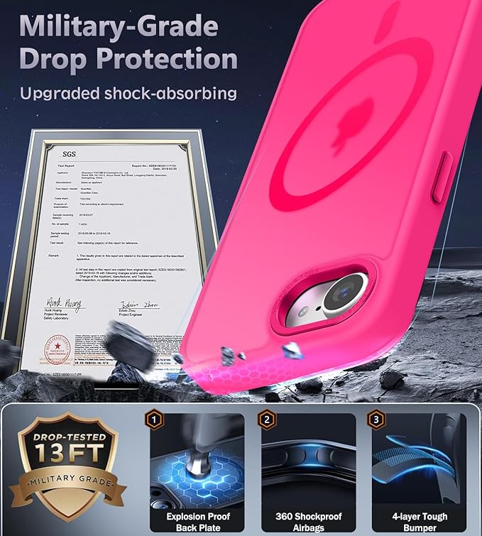 Newfuture Designed for iPhone 17e Case & iPhone 16e Case with Magnetic [13 FT Military Drop Protection] [Compatible with Magsafe] Slim Translucent Shockproof with Anti-Fingerprint Phone Case, Hot Pink