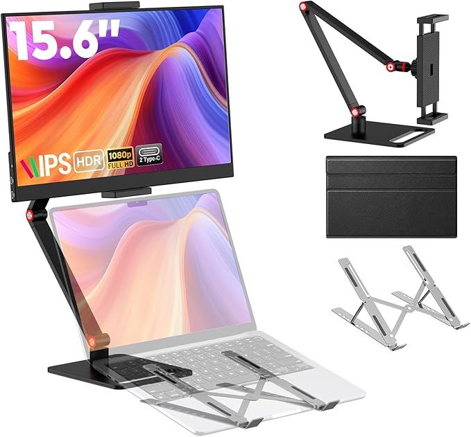15.6” Portable Monitor with Adjustable Stand, 1080P FHD IPS Screen Extender, Laptop Stand & Smart Cover Included, Ultra Slim Travel Monitor with Eye Protection, Plug and Play for Laptop/PC/Mac