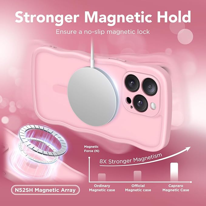 CAPRARO Cute for iPhone 15 Pro Case, Compatible with MagSafe, [Curly Wave Edge] [Full Camera Protection] [14 FT Drop Protection] Magnetic Phone Case for 15 Pro 6.1 Inch, Peach Pink