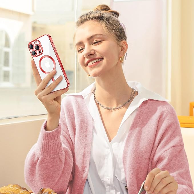 Hython Magnetic Clear for iPhone 16 Pro Case with Camera Lens Protector [Compatible with MagSafe] Luxury Plating Edge Slim Soft TPU Cover Protective Phone Case for iPhone 16 Pro 6.3", Red
