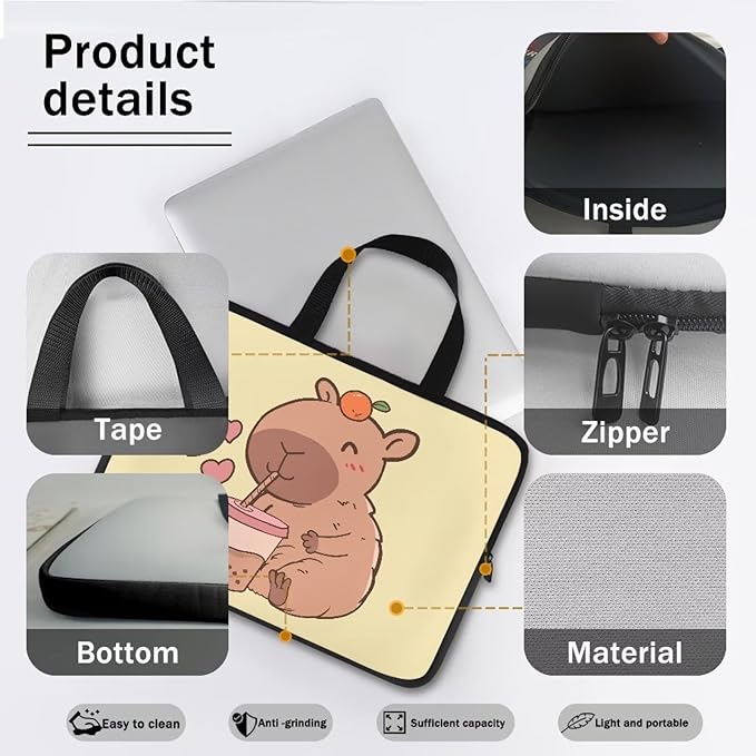 10 Inch Capybara Bubble Tea Laptop Sleeve, Protective Tablet Case with Handle, Water Resistant Zipper Computer Bag Carrying Case Notebook Cover Messenger Briefcase for Women