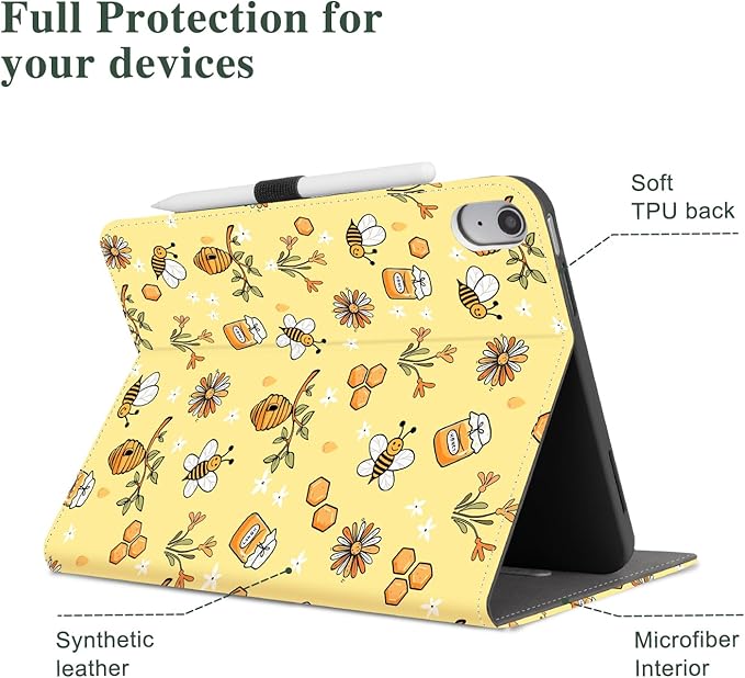 Vimorco Case for iPad (A16) 11th Generation 2025, for iPad 11th/10th Generation Case, Pencil Holder with Hand Strap & Pocket, Multiple Stand Protector PU Leather Cover, Auto Wake/Sleep, Yellow Bee