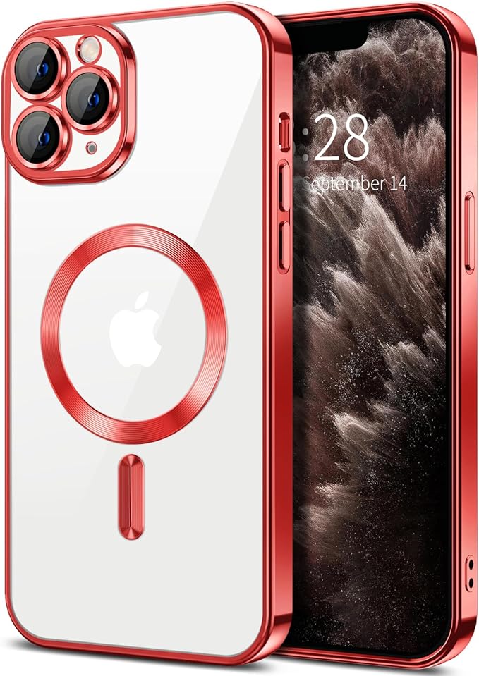 Hython Magnetic Clear for iPhone 11 Pro Max Case with Camera Lens Protector [Compatible with MagSafe] Plating Edge Slim Soft TPU Cover Protective Phone Case for iPhone 11 Pro Max 6.5", Red