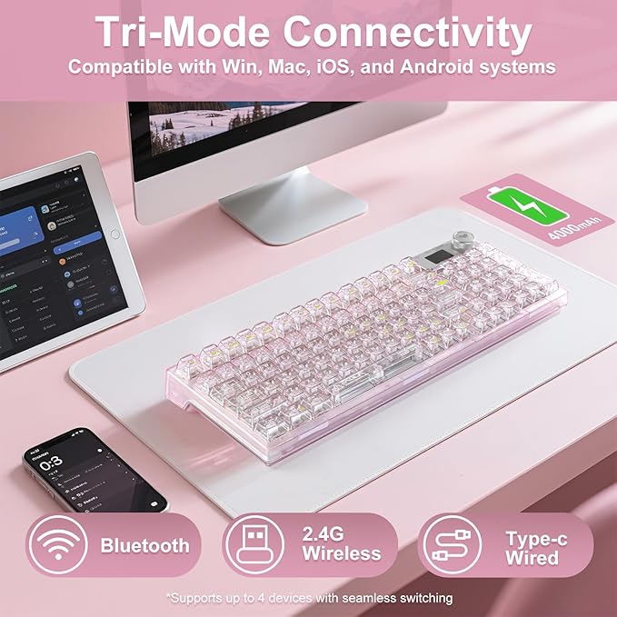 F98 Pro 95% Hot-Swappable Mechanical Keyboard – Transparent Keycaps, RGB Backlit Gaming Keyboard, Tri-Mode BT5.0/2.4G/USB-C, OLED Display, 4000mAh Battery, Pink