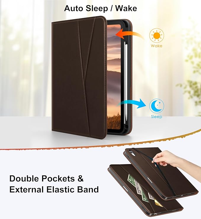 DTTO for iPad Air 11 inch Case M4 / M3 / M2 (2026/2025/2024), iPad Air 5th / 4th Gen (2022/2020), 360 Degree Rotating Premium Leather Folio Stand Cover with Pencil Holder, New Dark Brown