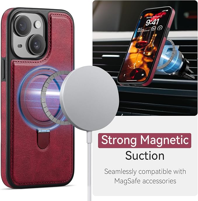 for iPhone 14 Case with Stand Compatible with Magsafe Slim PU Leather & Durable TPU Drop Proof Magnetic Kickstand Protective Phone Cover with Tempered Glass Screen Protector 6.1", Red