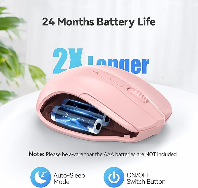 TECKNET Wireless Mouse, 2.4G Ergonomic Optical Mouse, Computer Mouse for Laptop, PC, Computer, Chromebook, Notebook, 6 Buttons, 24 Months Battery Life, 2600 DPI, 5 Adjustment Levels - Pink