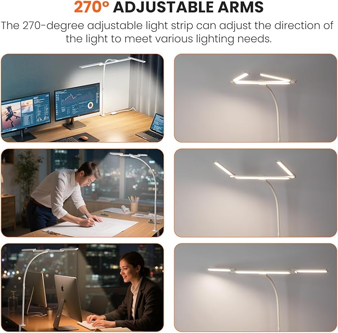 LiFMIRA LED Desk Lamp for Office Home, Adjustable 3 Head Computer Monitor Light with Clamp, Eye Caring Clip on Desk Light Stepless Dimming Architect Desk Lamp for Reading Study Workbench White