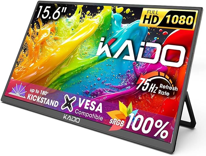 Kado 15.6" 1080p 75Hz Portable Monitor for Laptop, 100% sRGB FHD 45W Reverse Charge HDMI USB-C Second Display IPS Laptop Screen Extender, 180° Kickstand for PC, Mac, Dex, Tablet, Xbox, PS4/PS5, Switch
