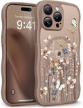 GVIEWIN for iPhone 15 Pro Case Compatible with MagSafe [Curly Wave Edge][Full Camera Protection] Floral Translucent Shockproof Magnetic Women Phone Case for iPhone 15 Pro 6.1'', Autumnflit/Brown