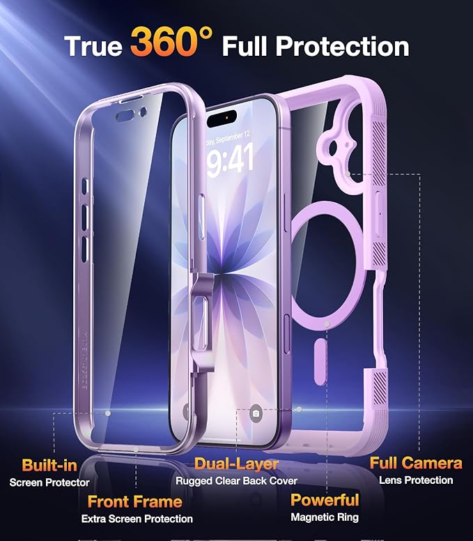 Diaclara Magnetic Designed for 17 Case Full Body Bumper,[Compatible with MagSafe] Military Drop Proof Cover with Built-in Touch Sensitive Anti-Scratch Screen Protector Purple