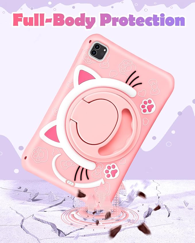 Wazzasoft for iPad Air 5th/4th Generation 10.9"/Pro 11 Inch Case - Cute Cat Soft Silicone Girls Teens Women Cartoon Kitten Tablet Cover with Rotating Handle Stand & Strap Funda para Air 5th/4th Gen