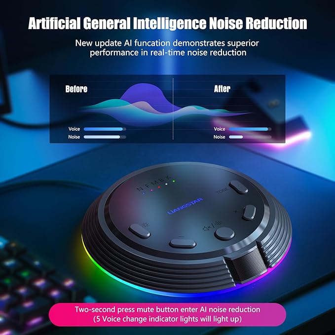 LIANGSTAR Gaming USB Microphone with AI Noise Cancellation, 5 Voice Changes, Mute, Volume Control, RGB Light Condenser Computer Microphone for PC Gamer, YouTube, Streaming, Conference