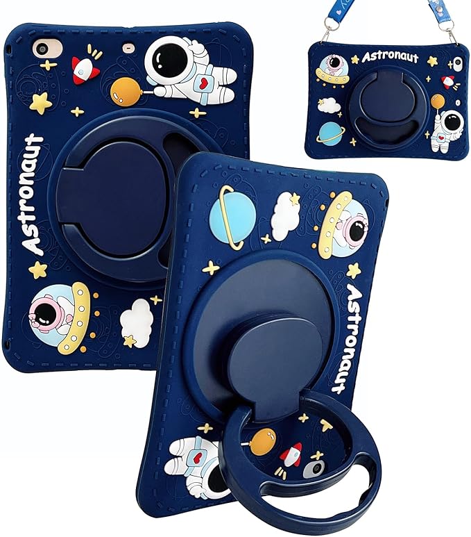 Dteck for iPad 9th/8th/7th Generation Case 10.2",Cute Cartoon Funda 3D Unique Design Light Rotating Handle Stand Shoulder Strap Soft Silicone Drop Rugged Shockproof Protective Kid-Proof Case,Spaceman