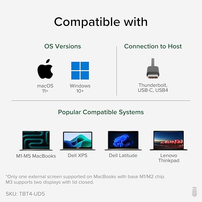 Plugable Thunderbolt 4 Dock with 100W Charging, Thunderbolt Certified, Laptop Docking Station Dual Monitor Single 8K or Dual 4K HDMI for Windows and Mac, 4X USB, Gigabit Ethernet (TBT4-UD5)
